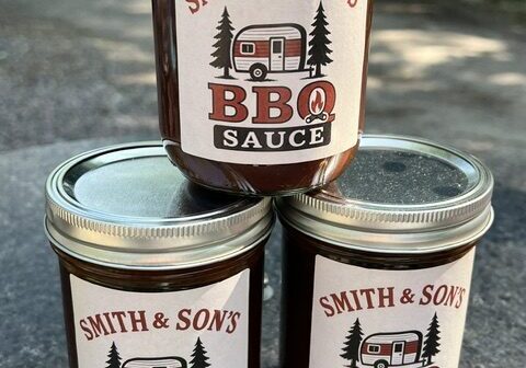 Trio of BBQ sauce jars displayed