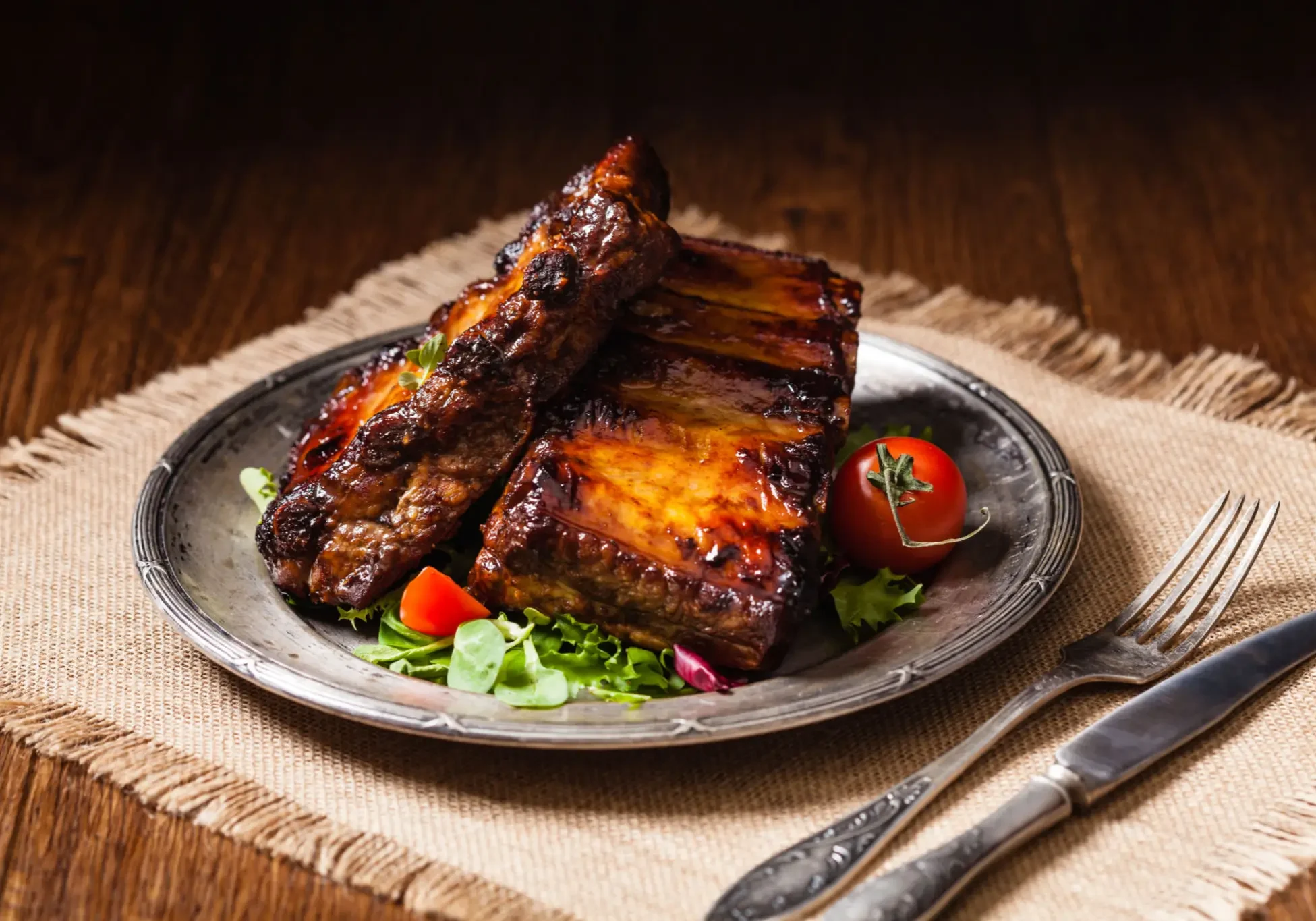 Glazed barbecue pork ribs on plate with salad